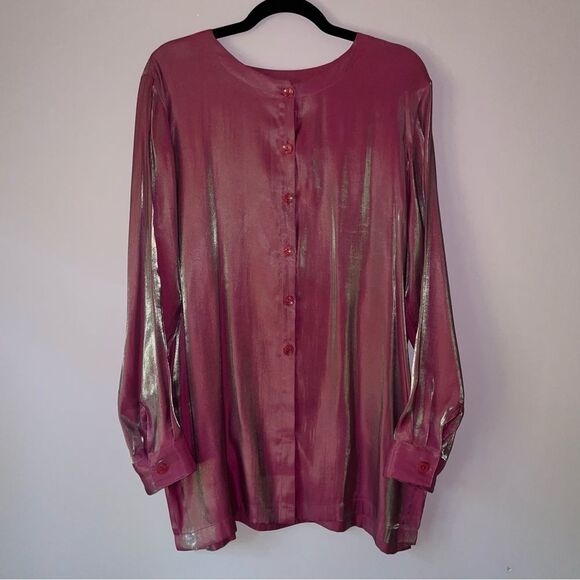 Avon L Blouse Pink Two Tone Dhoop Chao Shimmer Long Sleeve Button Collarless - Picture 1 of 12